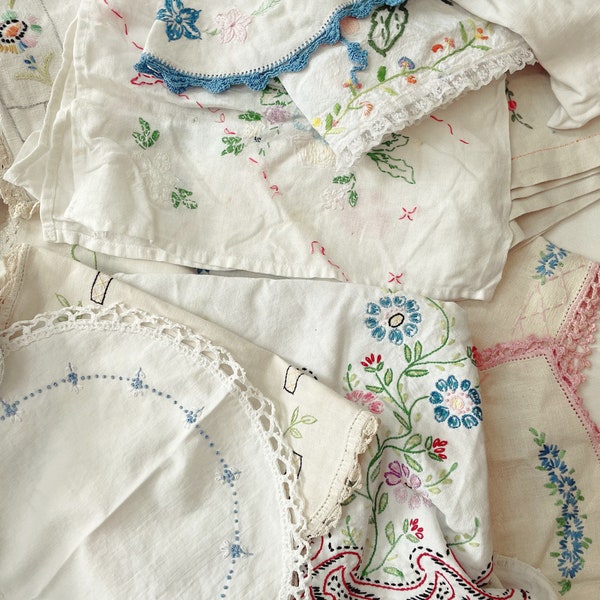 Huge Bundle  Vintage Embroidery -Embroidered Linens - Tablecloths - Runners - Napkins & More - Almost 7 Pounds - For Crafting and Creating!