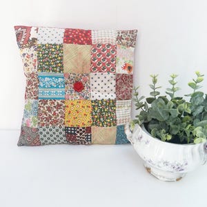 Vintage 70s Patchwork Pillow - Classic 70s Fabrics - Holiday-ish Red Backing - So Retro & Fun!