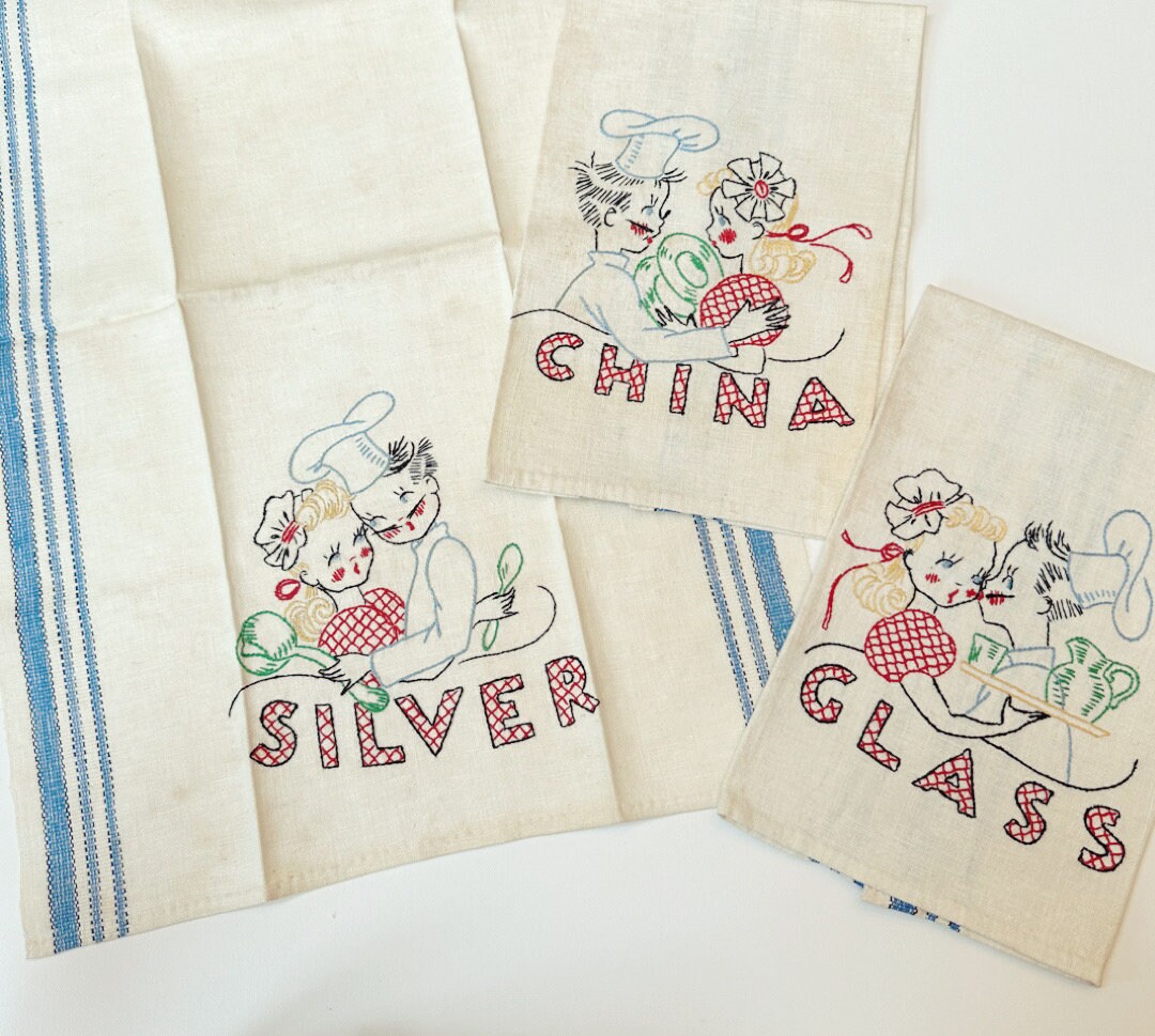 Trio of Vintage Embroidered Kitchen Towels Sassy Maid & Chef Silver