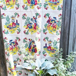 Vintage 1940s Southwestern Cotton Toweling Fabric - Sweet Senorita - Cactus & Pottery - Classic Mexicana
