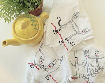 Trio of Vintage Anthropomorphic Flour Sack Towels - Vintage Embroidery - Dancing Pots and Pans - Forks Spoons & Knives - Just the cutest!