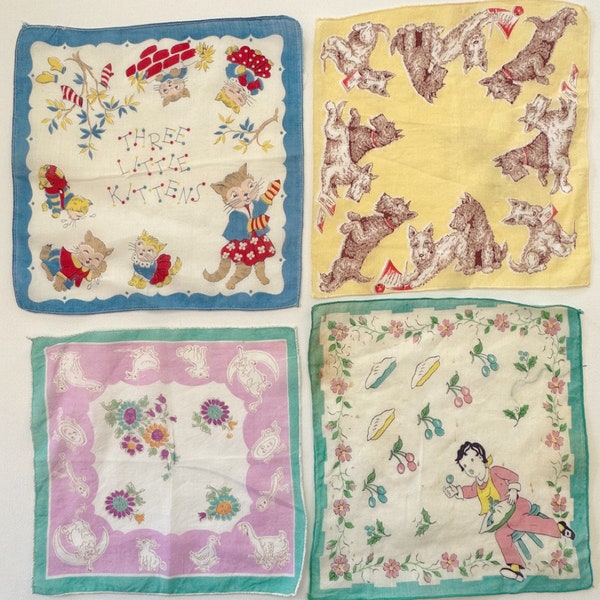 Four Vintage Children’s Hankies - Three Little Kittens - Hey Diddle Diddle - Jack Spratt and The Cutest Puppies Ever !