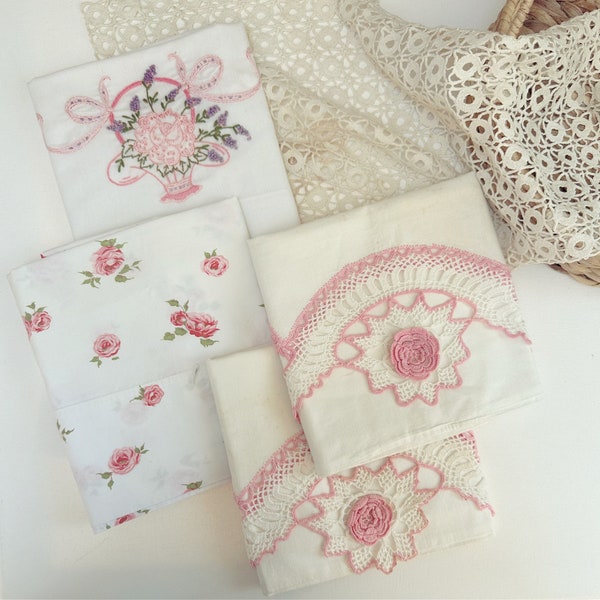So Pretty in PINK - 4 Vintage Cotton Pillow Cases - Pink & White Crochet Lace Trim - Pink Roses - Vintage Embroidery