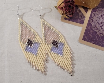 Twin Hearts Beaded Earrings, Cream, Pink & Purple, Beaded Fringe Earrings, Seed Bead Earrings, Woven Fringe Earrings, Woven Bead Earrings