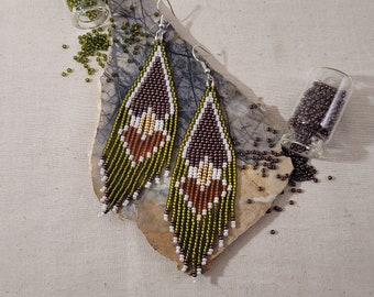 Twin Hearts Beaded Earrings, Olive, Brown & White, Beaded Fringe Earrings, Seed Bead Earrings, Woven Fringe Earrings, Woven Bead Earrings