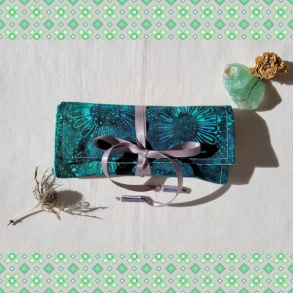 Tarot Pouch, Wrapped Tarot Pouch, Batik Tarot Bag, Wrapped Pouch, Glazed Ceramic beading - 'Aquaflora'