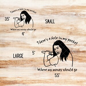 K&ouml;nnte beinhalten: Schwarz-wei&szlig;-Illustration einer Person, die ein Mikrofon h&auml;lt, mit dem Text "There's a hole in my pocket Where my money should go" und den Ma&szlig;en 3,5 Zoll mal 4 Zoll und 5 Zoll mal 5,5 Zoll.