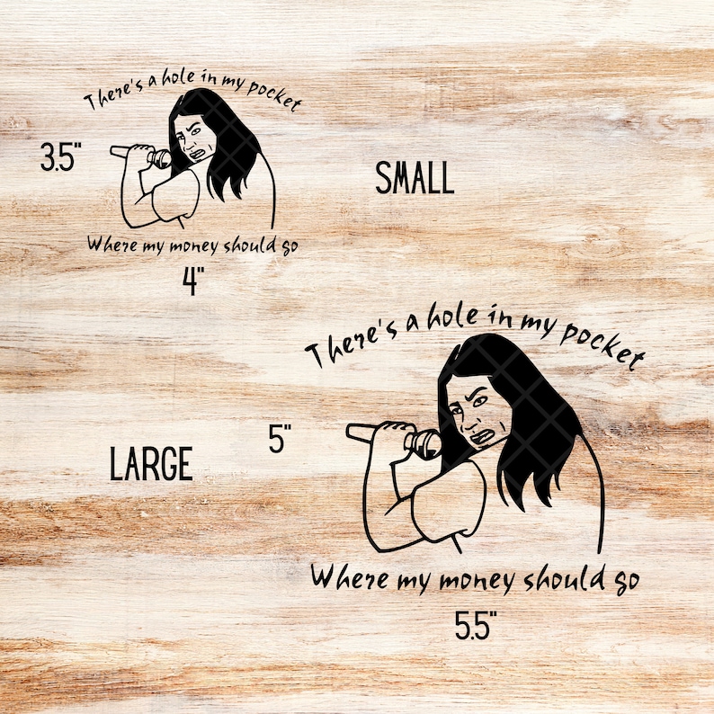 K&ouml;nnte beinhalten: Schwarz-wei&szlig;-Illustration einer Person, die ein Mikrofon h&auml;lt, mit dem Text "There's a hole in my pocket Where my money should go" und den Ma&szlig;en 3,5 Zoll mal 4 Zoll und 5 Zoll mal 5,5 Zoll.