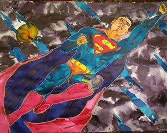 SUPERMAN 3-D print 13 x 19 - Includes glasses! FREE Shipping! watercolor gouache DC Justice League Superhero