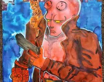 HELLBOY with cat 3-D print 13 x 19 - Includes glasses! FREE Shipping! watercolor gouache Mike Mignola character movie Dark Horse comics