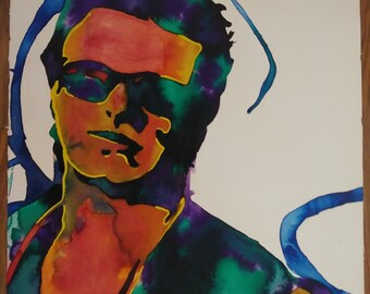 BONO 1990s 3-D print 13 x 19 - Includes glasses! FREE Shipping! watercolor gouache U2 lead singer/front man rock star portrait