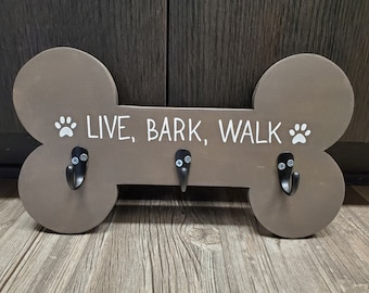 Dark Lead or Leash Holder Rack With 4 Hooks Obique Pets Collection Wooden Bone Shaped Key