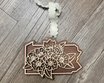 ornament, laser cut ornament, pennsylvania ornament, pennsylvania flower ornament, christmas ornament, wood ornament