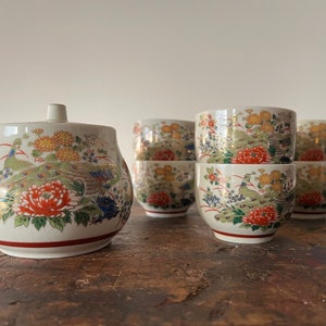 Vintage Asahi Sato Gordon Collection Peacock Teapot with Six Cups