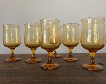 Vintage Libbey Amber Gold Water Goblets: Mid Century Modern Glassware, Set of 6