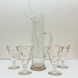 Vintage Tall Glass Martini Pitcher with Glass Stirrer | Hollywood Regency | MCM