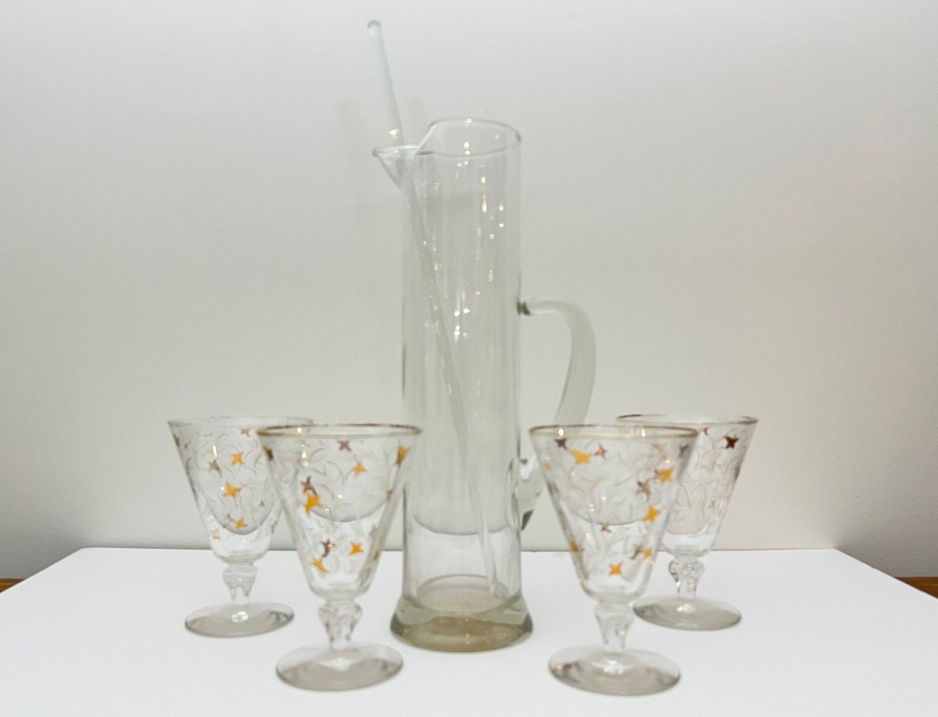 6-piece Set Vintage Mid Century Martini Pitcher, Stirrer and Stemless  Martini Glasses MCM Glass Pitcher Set Set of Small Martini Glasses 