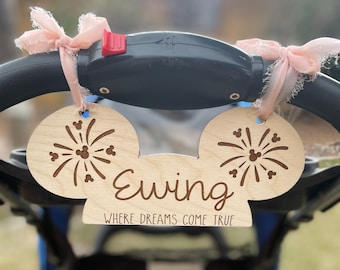 Disney Inspired Mouse Ears Stroller Tag, WDW Personalized Wood Stroller Tag, Kids Stroller Sign, Stroller Mickey Hat, Mickey Ears Decor