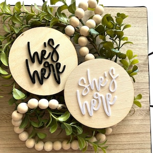 Birth Announcement Sign, Wood & Acrylic Sign, He&#39;s Here, She&#39;s Here, Wooden Nursery Decor, Newborn Photo Prop, Baby Shower Gift, Baby Plaque