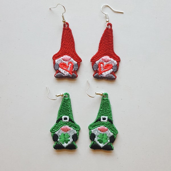 Valentine day gnome FSL earrings / St. Patrick day gnome earrings / embroidery design / jewelry DIY / FSL