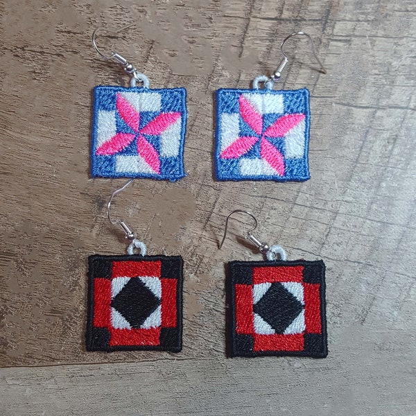 Quilt Block FSL earrings / Embroidery Design  / Four patch block / The New Album Block / DIY / Jewelry in the hoop/ FSL earrings