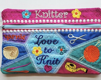 Patchwork Zipper Pouches for Knitters and for Crocheters /Embroidery Patterns / ITH zipper bag / zipper pouch / DIY / Two patterns included