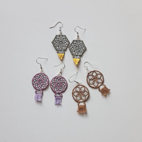 Boucles d’oreilles DreamCatcher Fringe FSL / Conception de broderie / Boucles d’oreilles dans le cerceau / Bijoux DIY