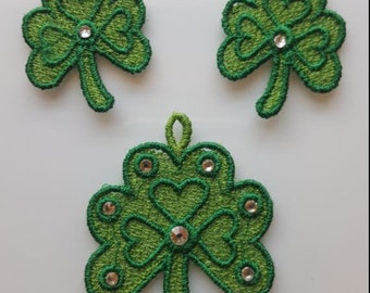 Shamrock earrings and Pendant FSL/ St. Patrick's day embroidery design/ Machine embroidery design