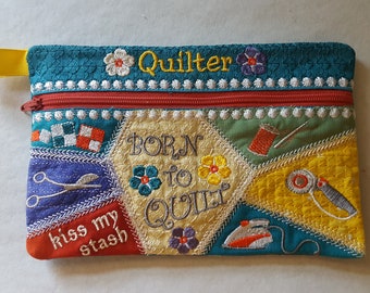 Patchwork Pouch for Quilters ITH/ 6 by 10 inches hoop / Embroidery pattern / Zipper bag / Bag in the hoop