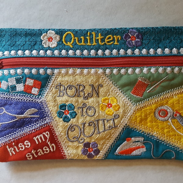 Patchwork Pouch for Quilters ITH/ 6 by 10 inches hoop / Embroidery pattern / Zipper bag / Bag in the hoop