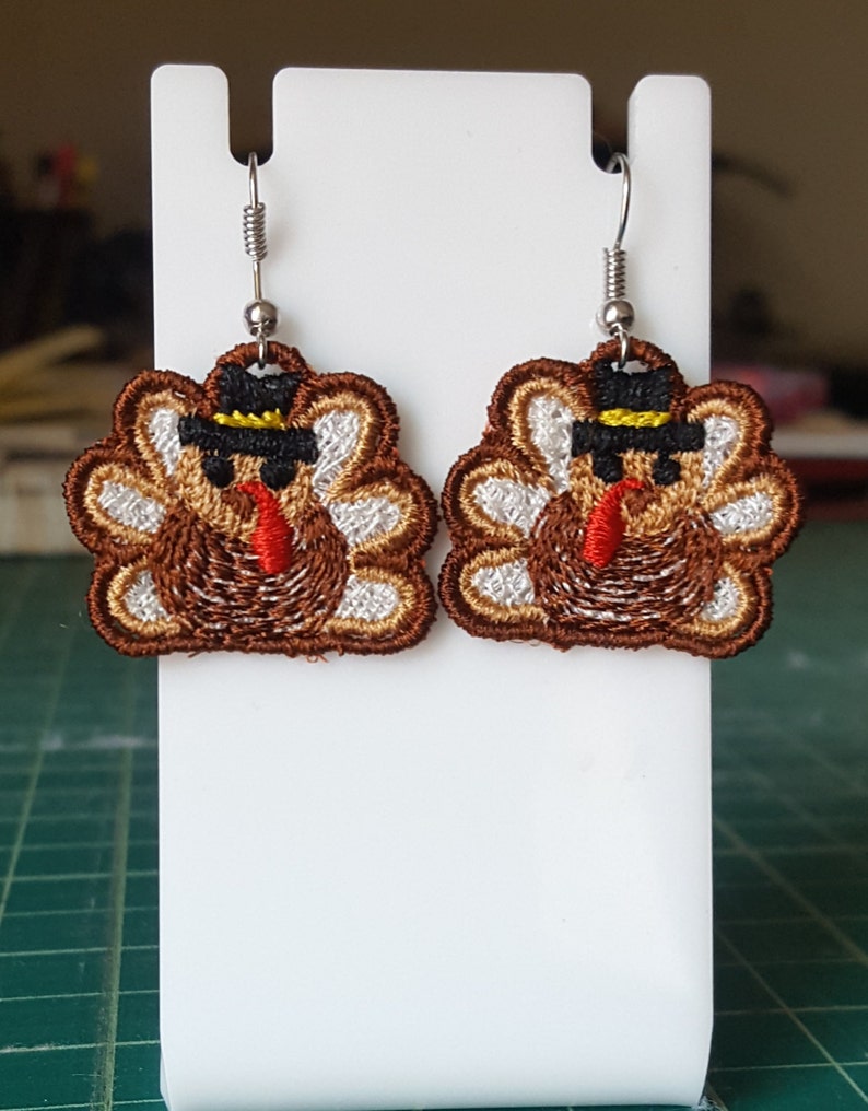 Turkey Earrings FSL embroidery design / Free standing lace / Jewelry / In the hoop jewelry / DIY earrings image 1