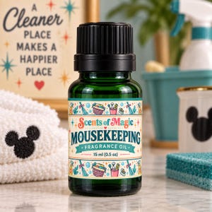 May include: A dark green glass bottle with a black cap containing fragrance oil. The label features the text Scents of Magic MOUSEKEEPING FRAGRANCE OIL 15 ml (0.5 oz) surrounded by colorful illustrations of cleaning supplies like baskets and spray bottles.