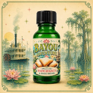 May include: A green glass bottle with a black cap featuring a label that reads Bayou Adventure, Smells Like Warm Beignets & Bayou Dreams. The label displays a steamboat on water, lotus flowers, and a plate of powdered sugar-dusted beignets.