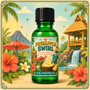 May include: A green glass bottle of fragrance oil with a black cap. The label features the text PINEAPPLE SWIRL, smells like a tropical treat and a day in paradise, and 15 ML FRAGRANCE OIL, alongside illustrations of a tiki mask and pineapple soft serve.