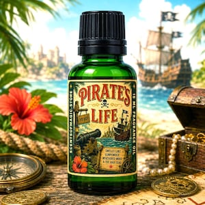 May include: A green glass bottle of fragrance oil with a black cap. The label features the text Pirate's Life, a skull and crossbones, a cannon, a ship, and the text Smells like gunpowder, weathered wood & the high seas. It contains 15 ml of oil.