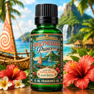 May include: A 15 ml green glass bottle of fragrance oil with a black cap. The label features the text Polynesian Princess, ScentsOfMagic.Store, and Smells like Tropical Blooms & Ocean Breezes, with an illustration of a sailboat and a waterfall.