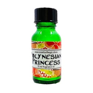 May include: A green glass bottle with a black cap, labeled "Polynesian Princess 15 ml fragrance oil." The label features a colorful design with the website address www.scentsofmagic.store.