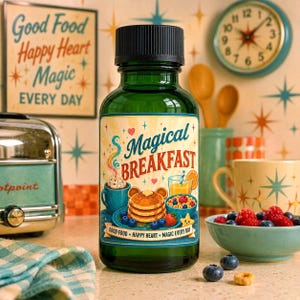 May include: A green glass bottle with a black cap featuring a label that reads Magical BREAKFAST and GOOD FOOD HAPPY HEART MAGIC EVERY DAY. The label displays a stack of pancakes, a cup of coffee, a glass of orange juice, and a bowl of cereal.