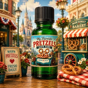 May include: A green glass bottle with a black cap featuring a label that reads My Favorite PRETZELS HAVE EARS and WARM SALTY. The label depicts a pretzel cart and a castle. A soft pretzel rests on a red and white checkered cloth nearby.