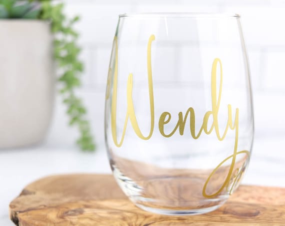 Personalized Wine Glasses, Bridal Party Wine Glasses, Bridesmaid Gifts, Personalized Stemless Wine Glasses - 1 Word/Name on Single (1) Glass