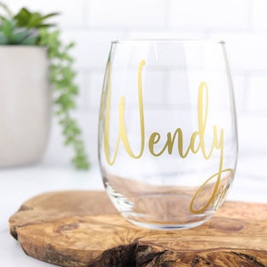 Personalized Wine Glasses, Bridal Party Wine Glasses, Bridesmaid Gifts, Personalized Stemless Wine Glasses 1 Word/Name on Single 1 Glass image 1