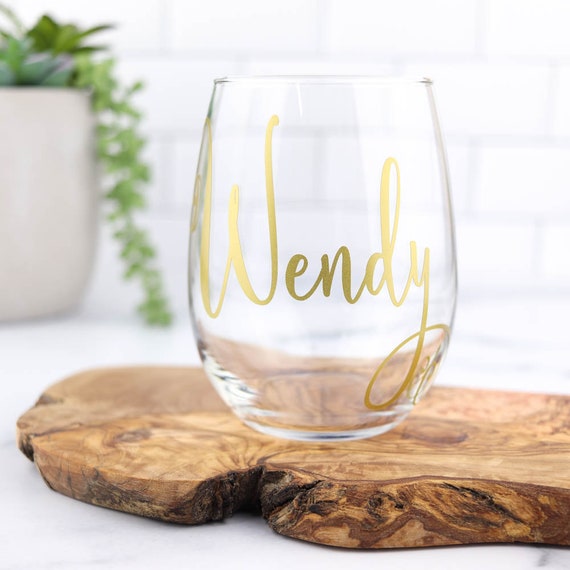 Personalized Wine Glasses, Bridal Party Wine Glasses, Bridesmaid Gifts, Personalized Stemless Wine Glasses - 1 Word/Name on Single (1) Glass