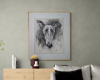 Greyhound Charcoal Sketch- Greyhound Gift- Charcoal Original Art- Dog Gift