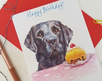 Labrador Birthday Card - Personalised Dog Birthday Card - cute Black Labrador Retriever greeting card -Labrador with cake card