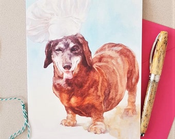 Dackel Grußkarte - Personalisierte Vatertagskarte - Hundekarte für Papa oder Grandad - Kochkarte und Notizlett - Lustige Hundekarte