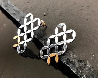 Geometric earrings, handmade pin earrings, geometric statement earrings, Japanese handcrafted silver earrings,  one piece earrings