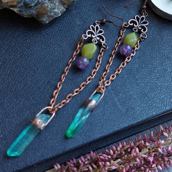 Raw green quartz crystal witch earrings. Pagan protective handmade jewelry.