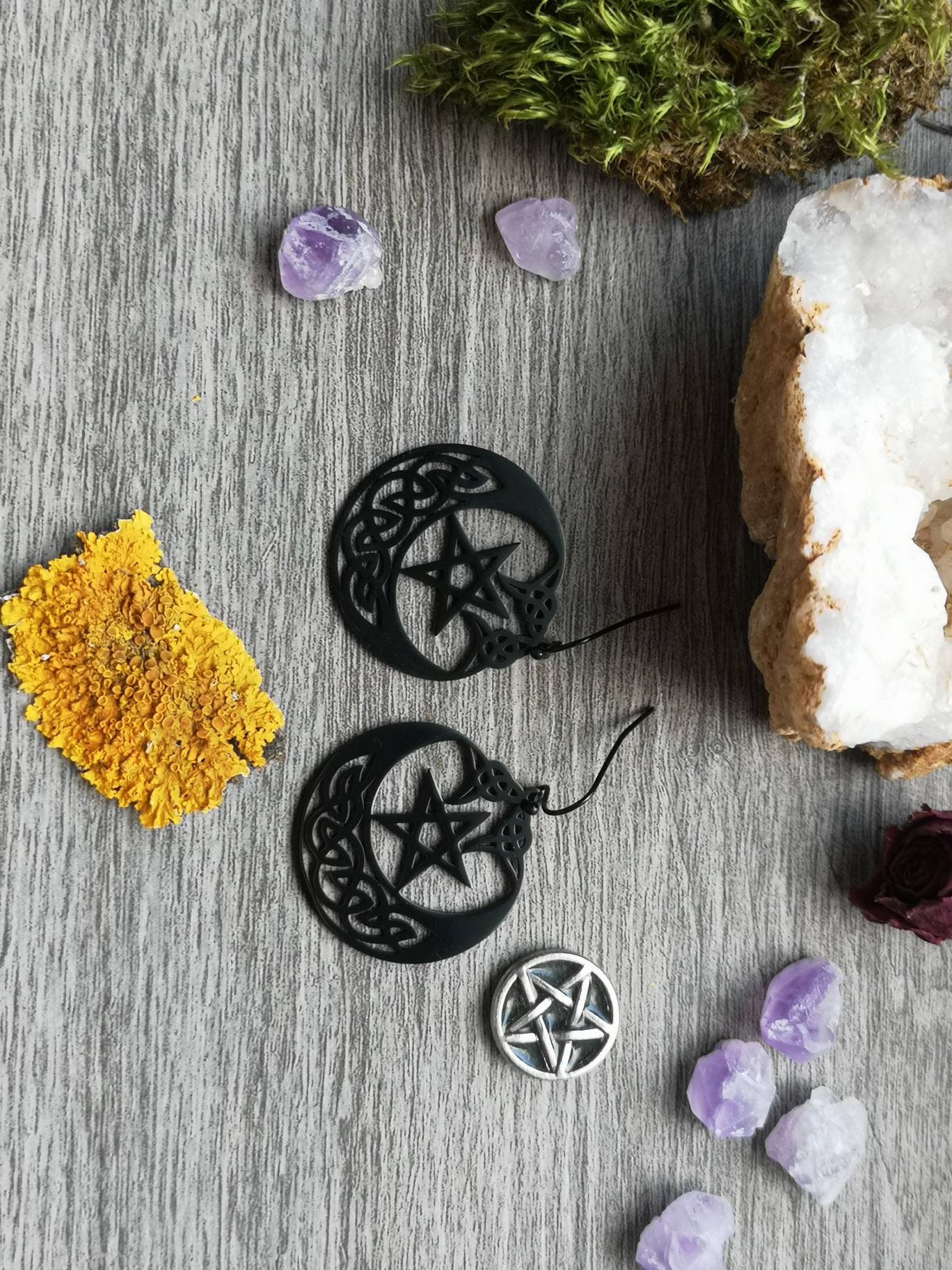 Black Pentagram pagan Witch earrings for women. Occult Moon | Etsy