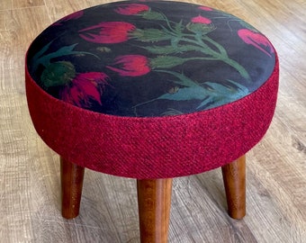 Black Velvet with Red Thistle and Harris Tweed Small Footstool