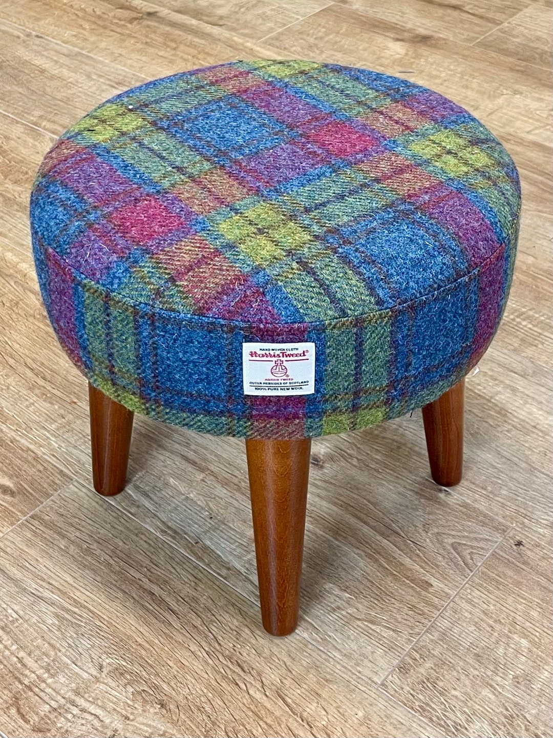 Tartan Harris Tweed Footstool With Dark Varnished Wooden Legs - Main Image